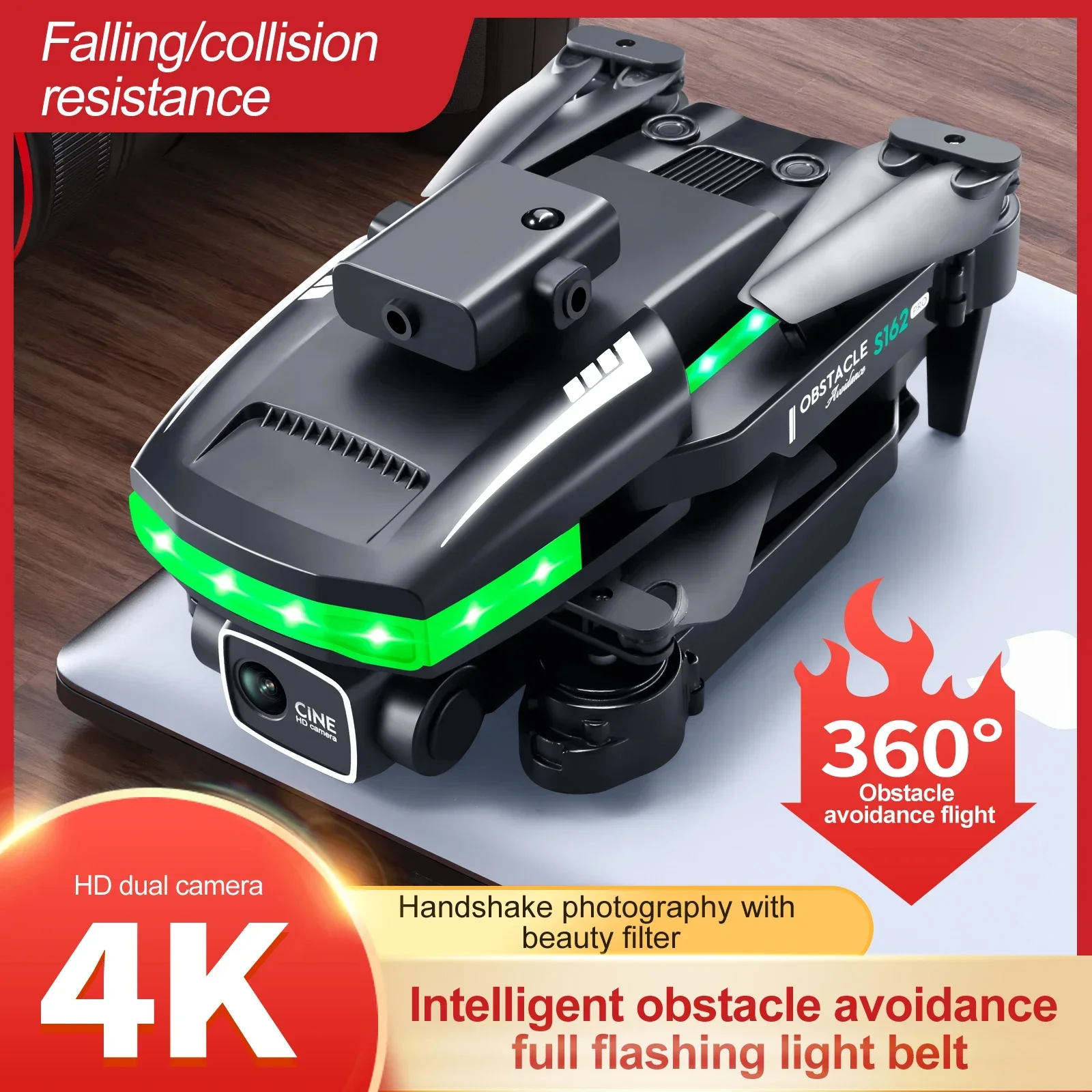 New S162 Drone 4k Dual Camera FPV Obstacle Avoidance Folding LED Green Light Strip Remote Control Aircraft Four Axis Dron Toy