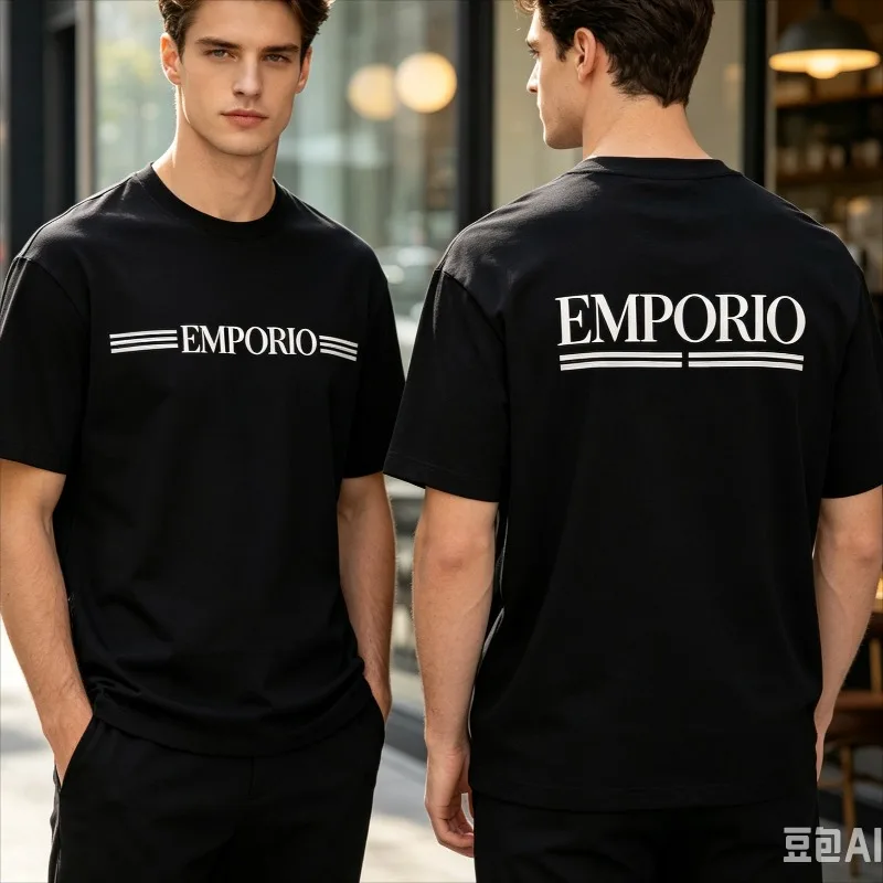 “EMPORIO” Horizontal Line Graphic T-Shirt Men’s Front Small Print Back Large Print Soft Modal Crewneck Tee Casual Top