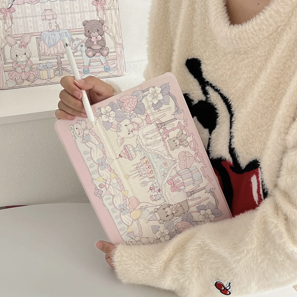 Cute Rabbit Bear Flower Girl Pink Y2K Tablet Case For iPad Pro 11 12.9 13 A16 M2 M4 M3 M5 5/6/7/8/9/10/11th Mini Air 3 4 5 Cover