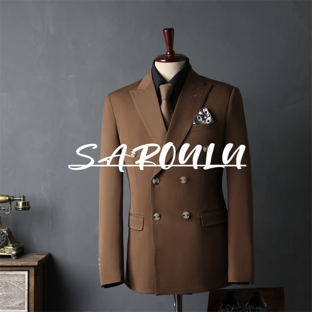 

Unique 3 Colors Groom Wear Premium Peak Lapel Newest Tuxedo Smooth Double Breasted Jacket In Stock One Piece Casual Men's Suit