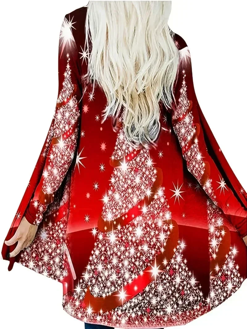 Women's Plus Size 1XL-5XL Cardigan Christmas Casual Print Long Sleeved Cardigan Ladies Fashion Paired with Christmas Tree