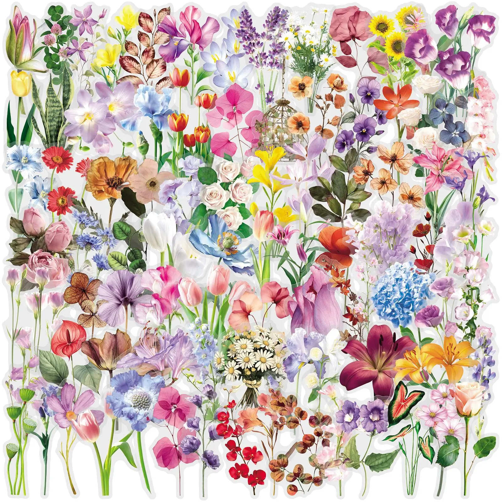 100-Pack Summer Floral Water-Resistant Clear PET Stickers for Water Bottles Refrigerators Skateboards Notebooks Artistic Decor