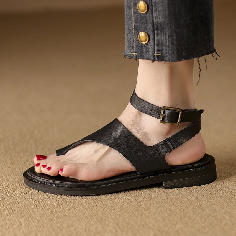 Women Toe Sandal Genuine Leather Sandals Concise Fashion Casual Working Low Heels Shoes Woman 2023 Summer Retro Style Leisure