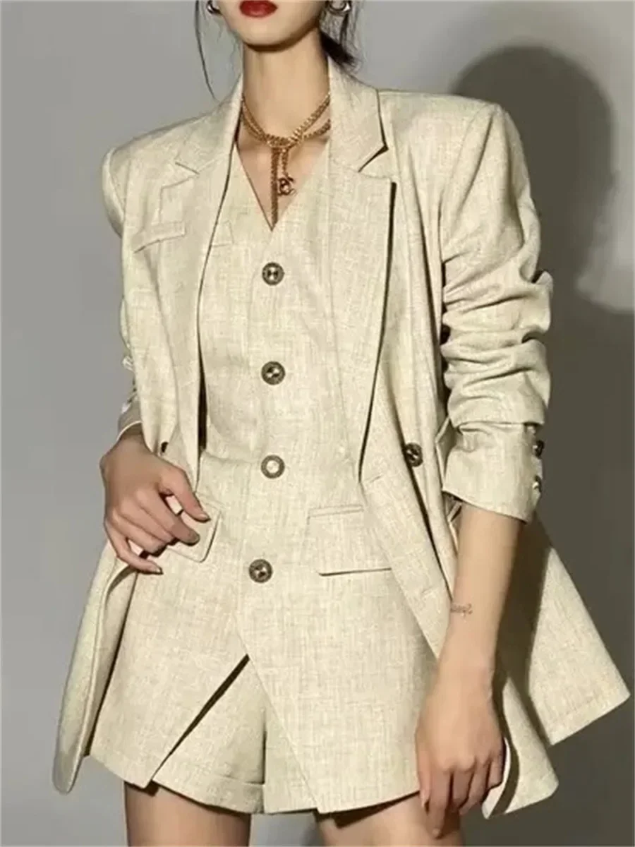 Women Fashion Beige Blazers 3 Piece Sets V Neck Sleeveless Hollow Out Slim Vest High Waist Shorts Loose Casual Suit Coat Set