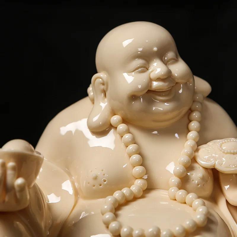 YFY  ceramic Maitreya Buddha statue home offering ornament, jade yellow porcelain big belly lucky laughing Buddha opening