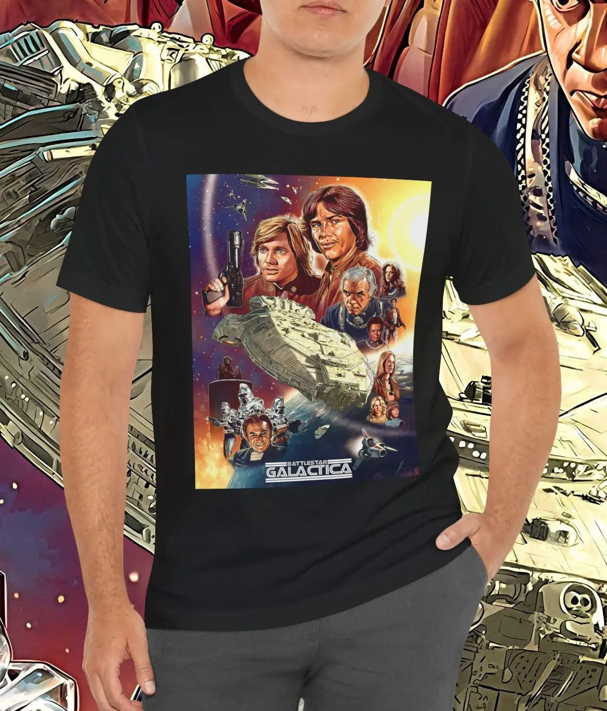 الحنين Battlestar Galactica Series 1978 79 الأصلي تي شيرت شعبية ريترو الفضاء الخيال العلمي التلفزيون من 70's GenXT4Me #1