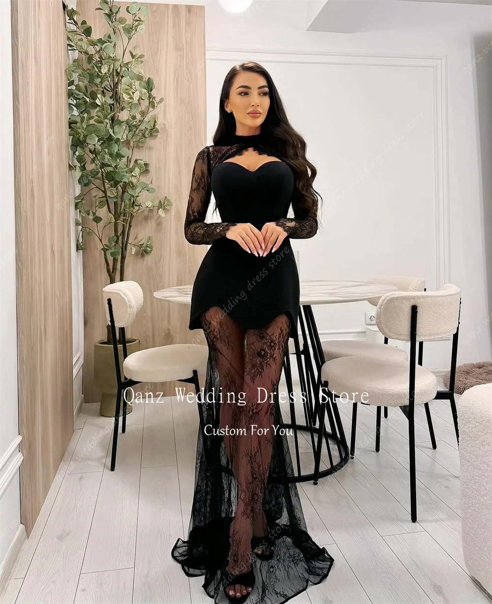 Qanz Elegant Black Prom Dress Long Sleeves Lace Illusion Formal Evening Gowns Mermaid Sweetheart Robes De Soirée Customized — 2
