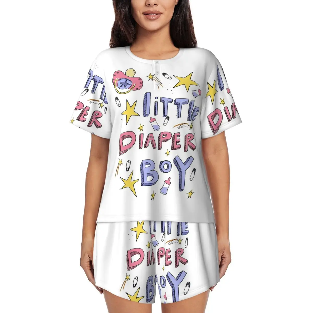 

Little Diaper Boy Abdl Round Neck Short Sleeves Nightdress for Sleeping Sleepshirts Women Loose Pajama Set Short Pants