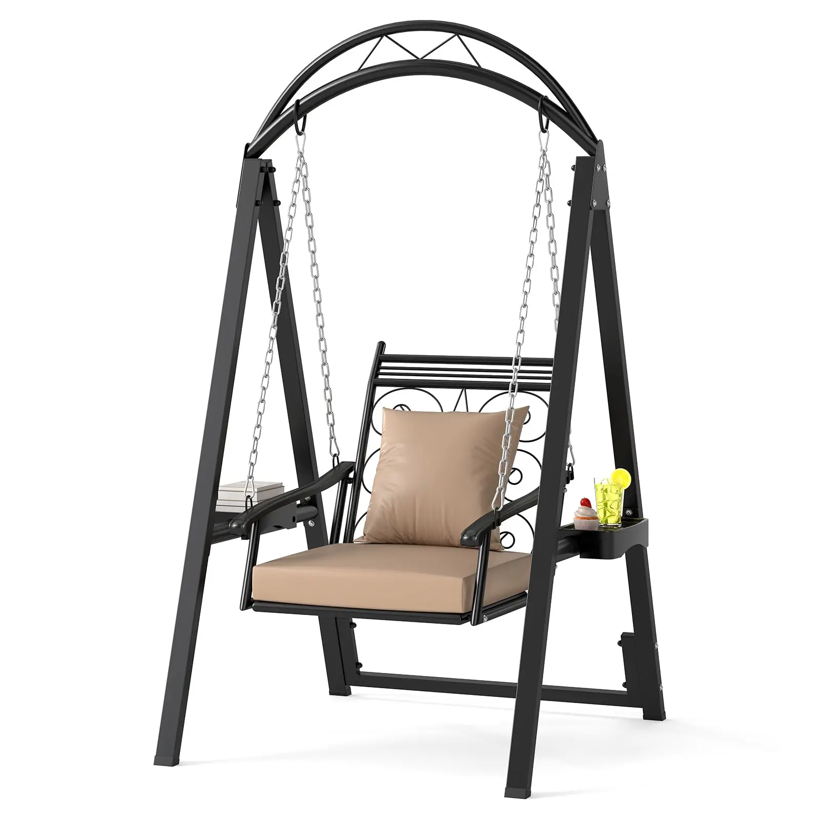 Porch Swing with Stand, Outdoor Patio Swing with Heavy-Duty Metal Frame, Removable Cushions, Side Tables, Armrests for