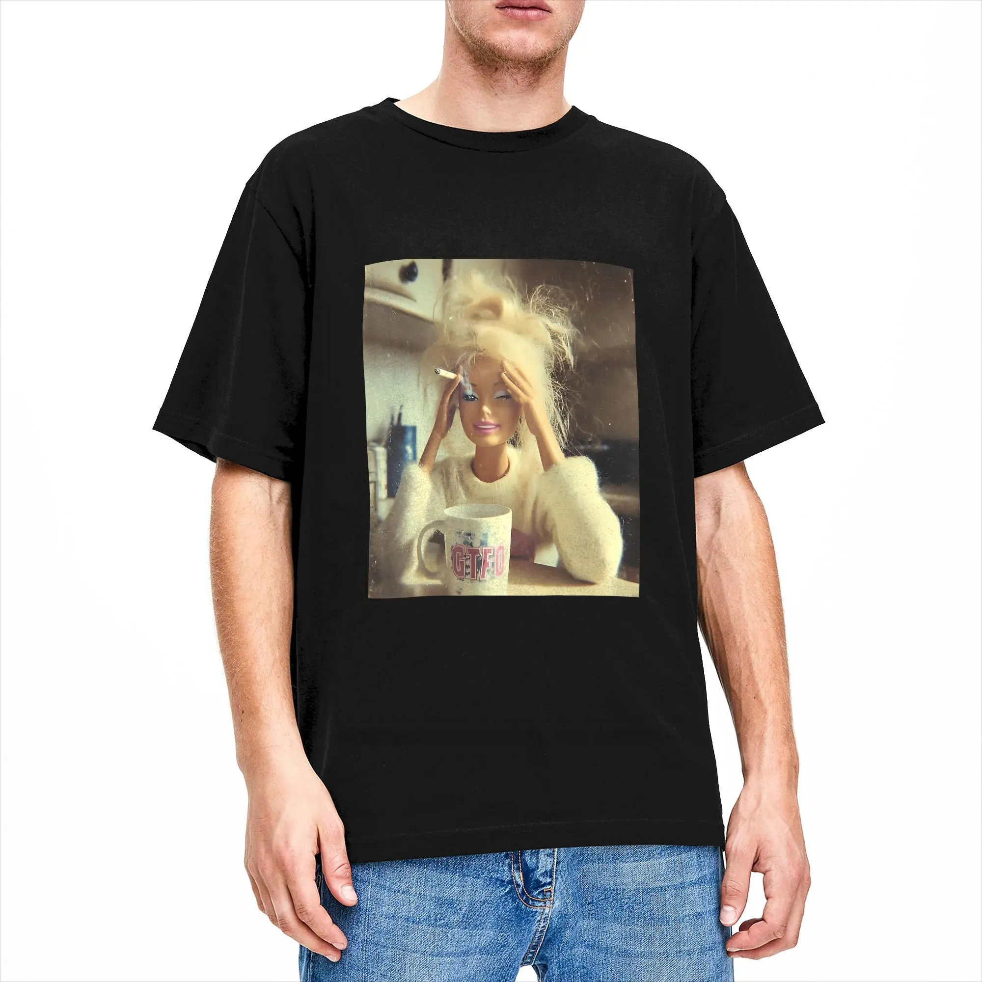 Vintage T Shirt Summer Funny Doll Face Sarcastic Doll Smoking Hip Hop T Shirts Cotton Tshirt for Mens Loose Short Sleeve Tops
