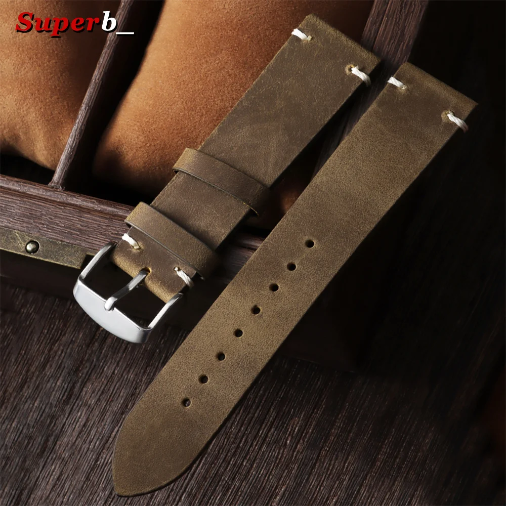 Vintage Oil Wax Leather Watch Band for Omega 18/19/20/21/22/24mm Handmade Stitching Cowhide Strap for Seiko Smartwatch Wristband