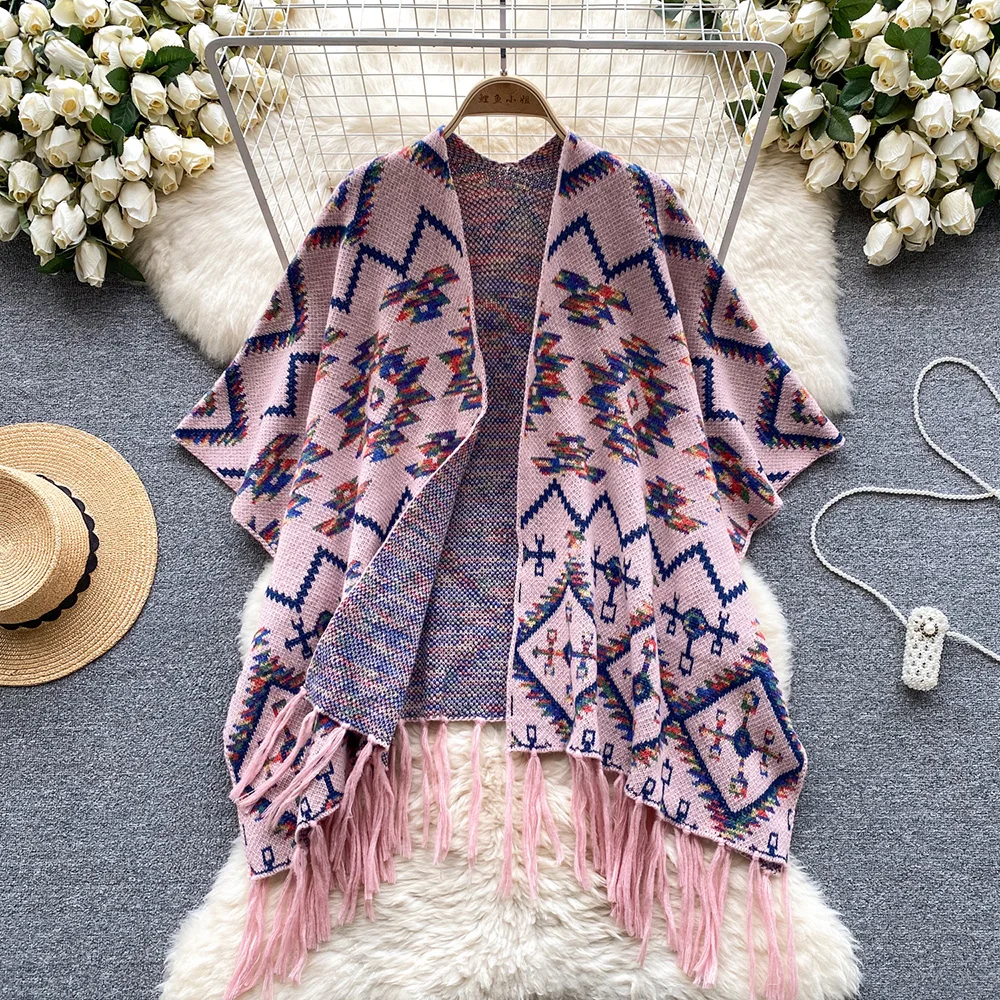Croysier Shawl Cardigans For Women 2023 Bohemian Ethnic Vintage Jacquard Knit Cardigan Fringed Hem Loose Long Cape Sweater Coat