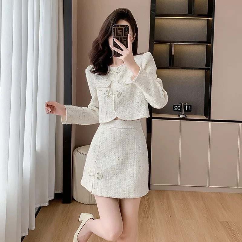 Women's spring/autumn tweed button up short jacket+fashionable half skirt 2 pcs set 2026 new small fragrant style set