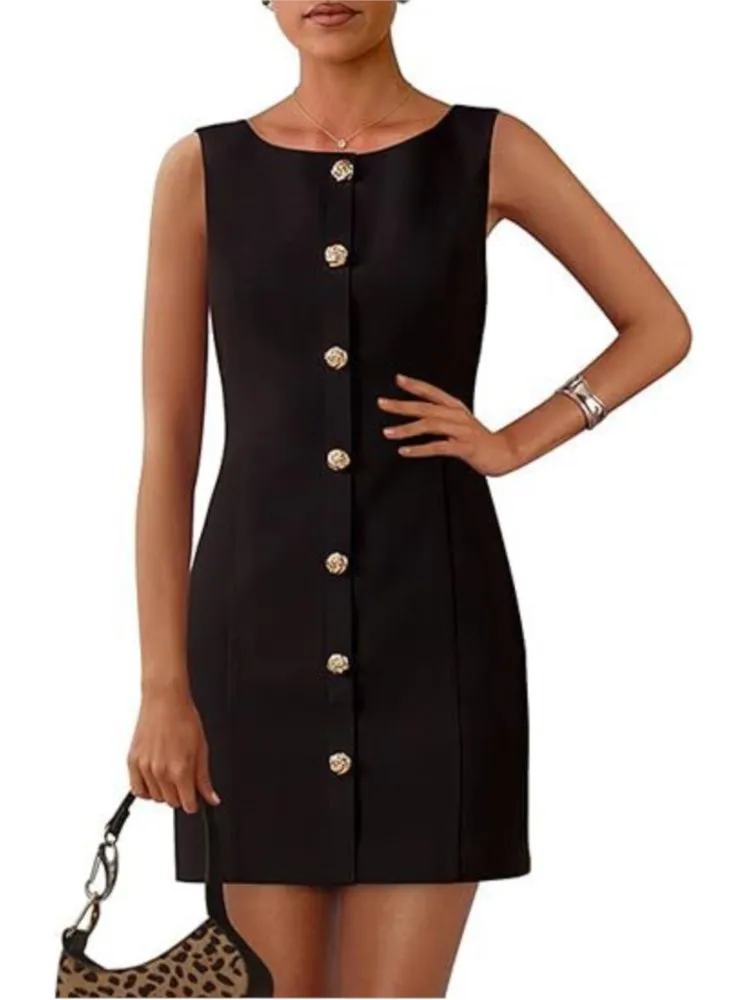 

Women's Fashion Office Dress Elegant Solid O Neck Sleeveless Button Mini Dresses For Women Casual Summer Womens Clothing New