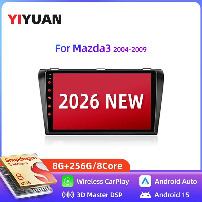 2026 2Din car radio, Snapdragon Android 15 system, compatible with For Mazda3 2004-2009. Support CarPlay/Android Auto