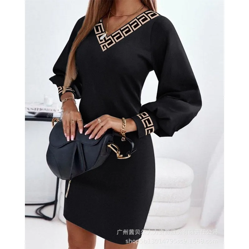 

Wepbel Pattern Printed Sheath Dress Women Long Sleeve Contrast Color V-neck Dress Elegant Lantern Sleeve Casual Midi Dress