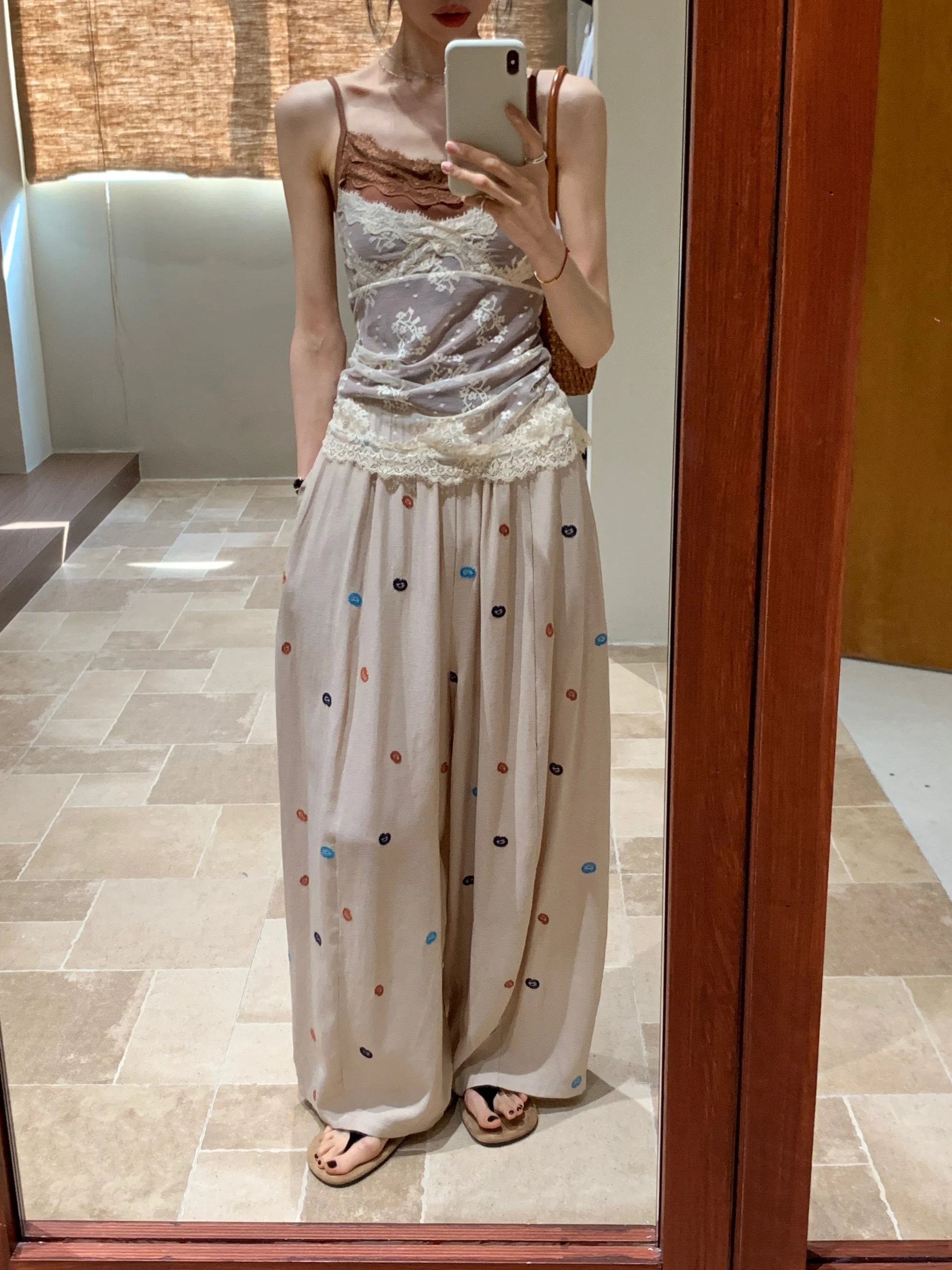 

BRIVIN Korean Style Casual Pants Women Summer New Elastic Waist Design Commute Wide Leg Pants Embroidered Polka Dot Pattern