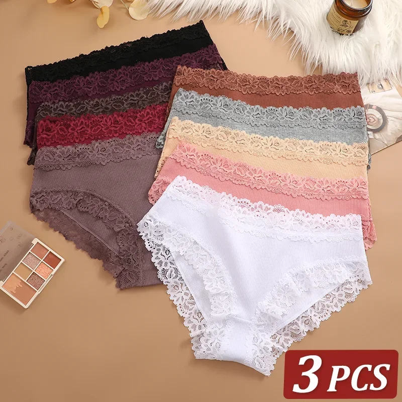 3Pcs Sexy Cotton Lace Panty Women Low Waist Panties Underwear S-XL Solid Color Ladies Briefs Lingere Underware Comfortable Women