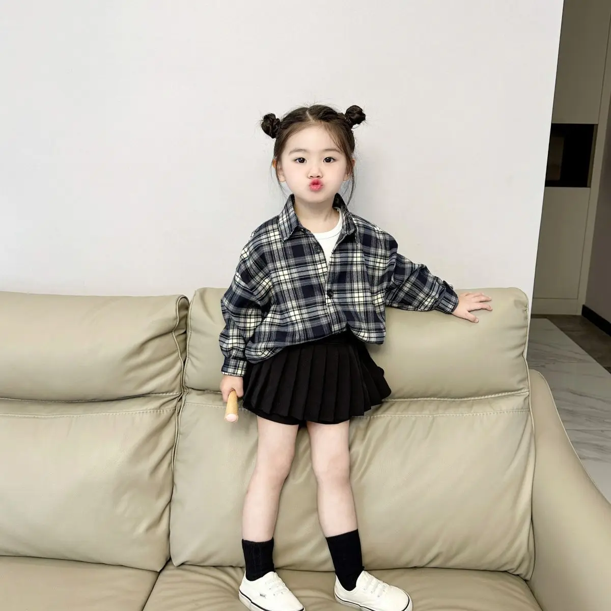 

Girls Blue and Black Plaid Shirt 2023 Autumn New Children Korean Style Foreign Style Cardigan Treasure Gilr Treasure Plaid Shirt