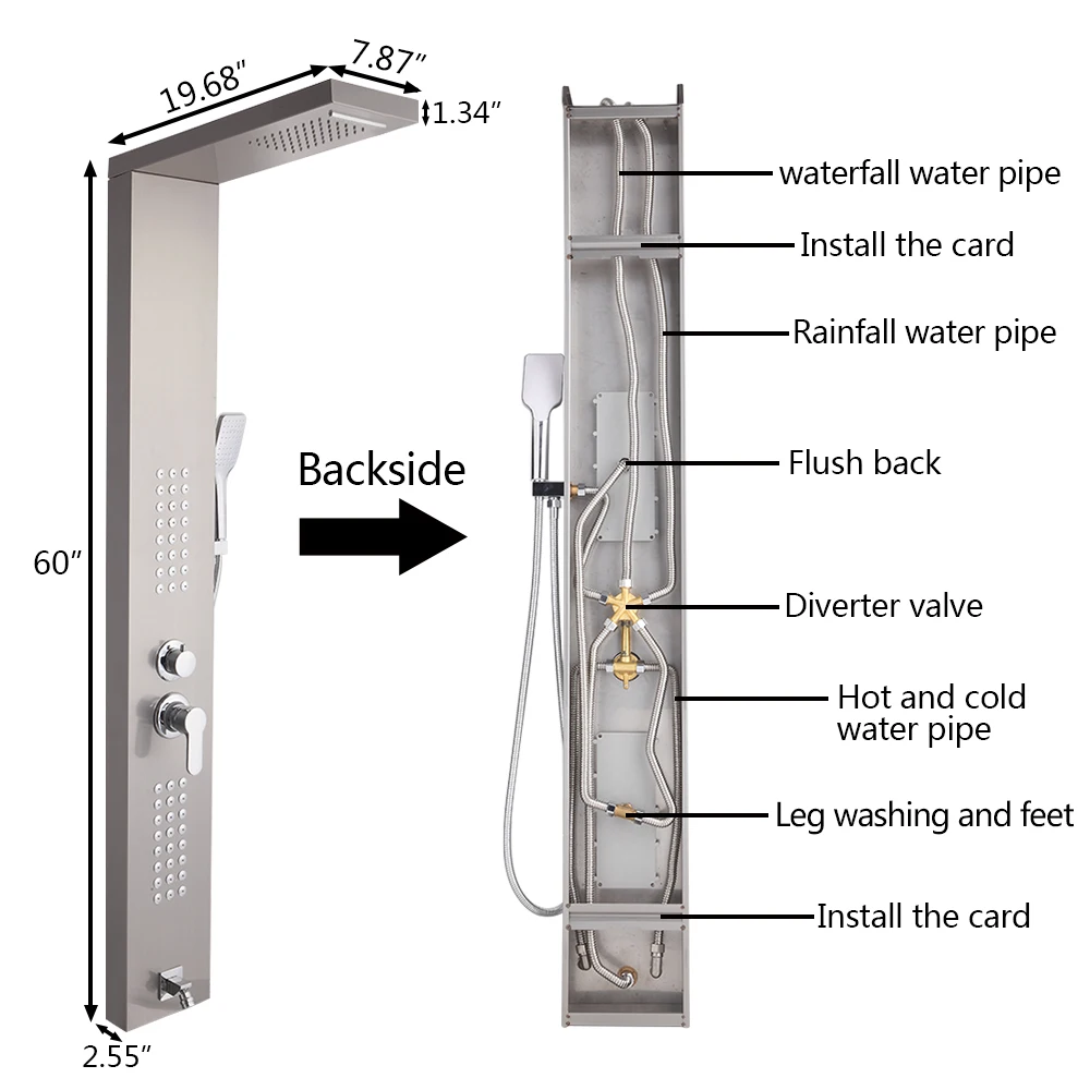 50Inch Shower Panel Tower System 5 In 1 Multi-Function with Hand Shower for Home Hotel Resort Split Type Golden/Silver[US-Stock]