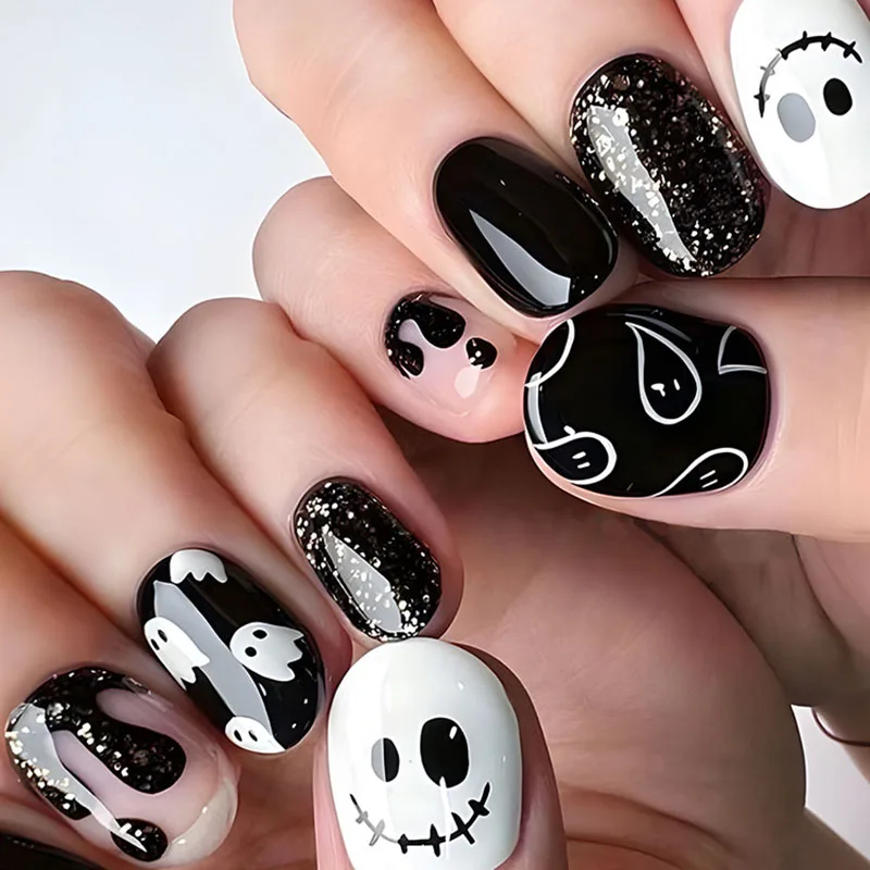 

24Pcs Short Oval Press on Nails - Halloween Party Design with White Ghosts, Black Specters and Black Glitter | Spooky Style