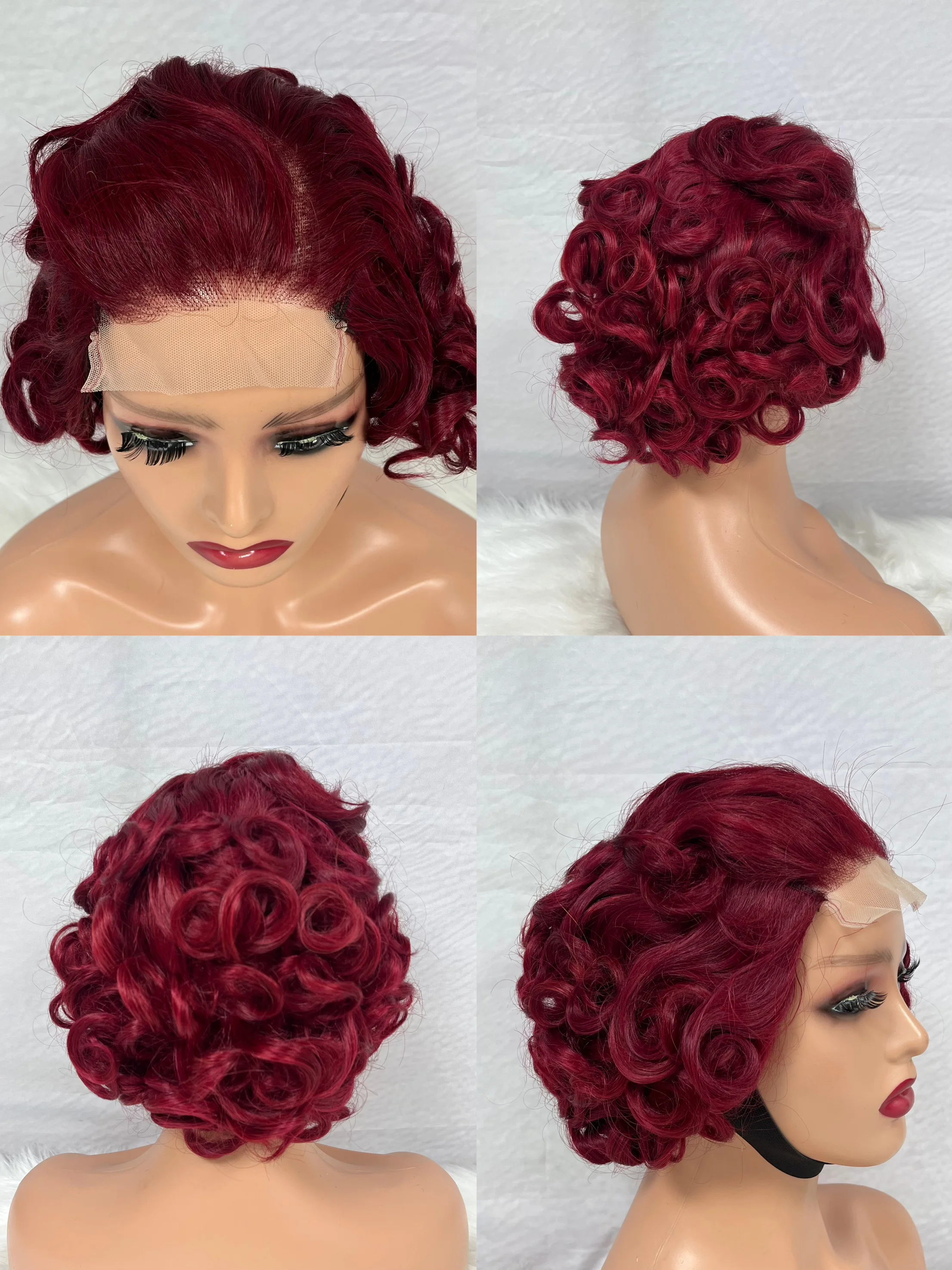 

Ombre 1b/4 Black Piano 4/27 99J Short Wave 8inch 200% Density Pixie Cut Human Hair Wig 4x4 Closure Lace Wig For Women