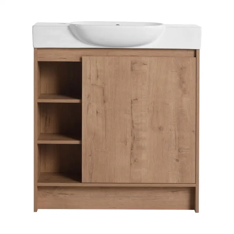 30 inch vrijstaande badijdelheid met witte keramische wastafel en soft-close deur, KD-verpakking, modern ontwerp voor ruimtebesparend