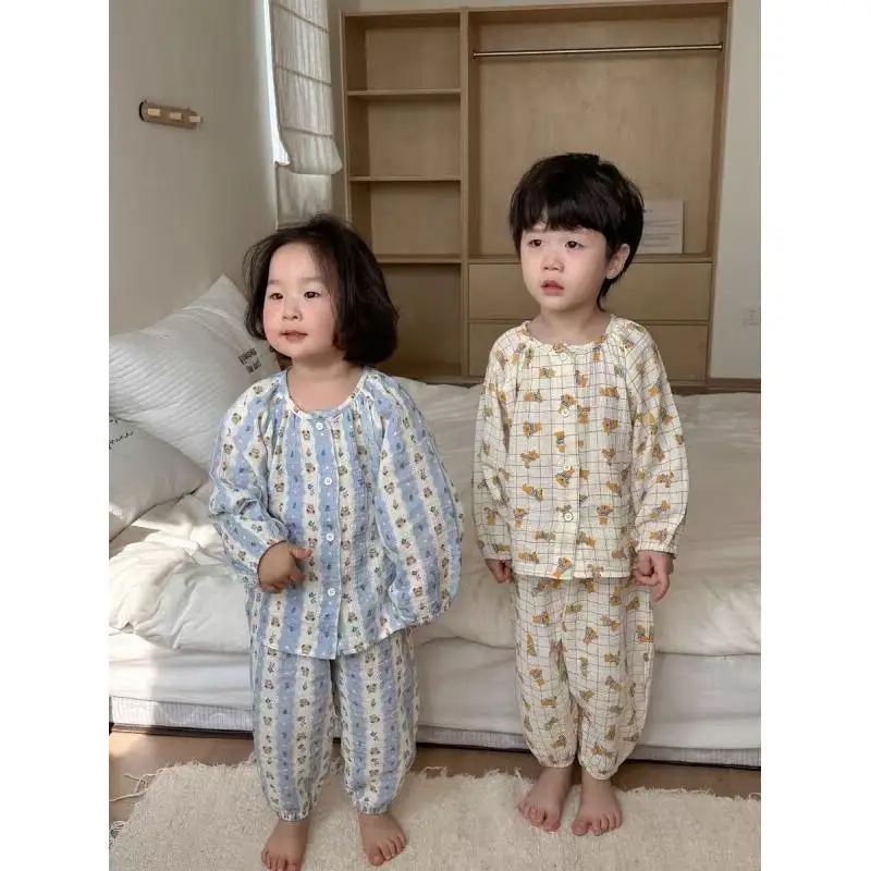 2025 Spring/summer Pajama Thin Baby Cartoon Cotton Gauze Home Clothes for Girls, Double Layered Thin Air Conditioning Clothing