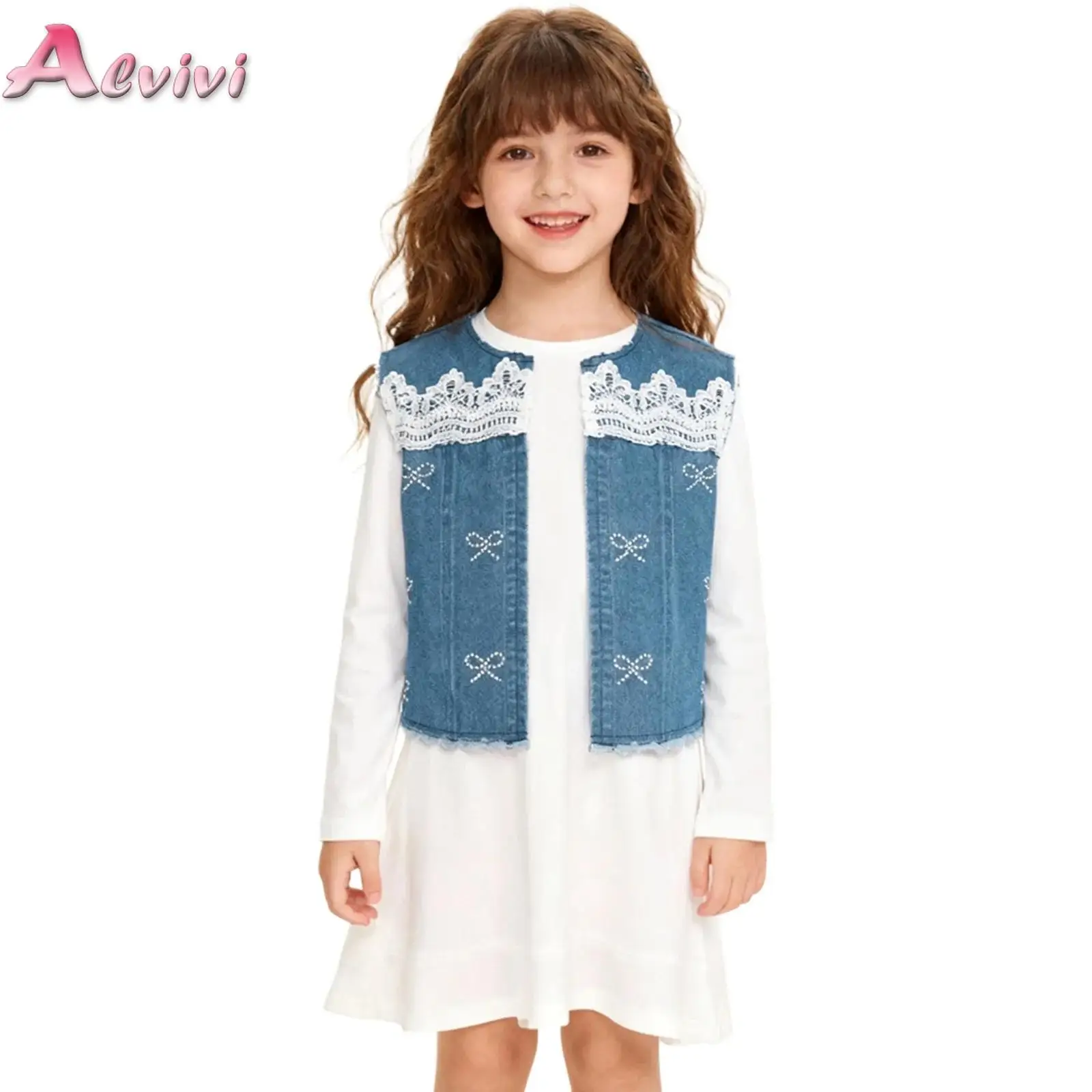 

Vintage Lace Trim Denim Waistcoat Child Jean Vest for Kids Girls Casual Sleeveless Jeans Jacket Vest Kids Fashion Waist Coat