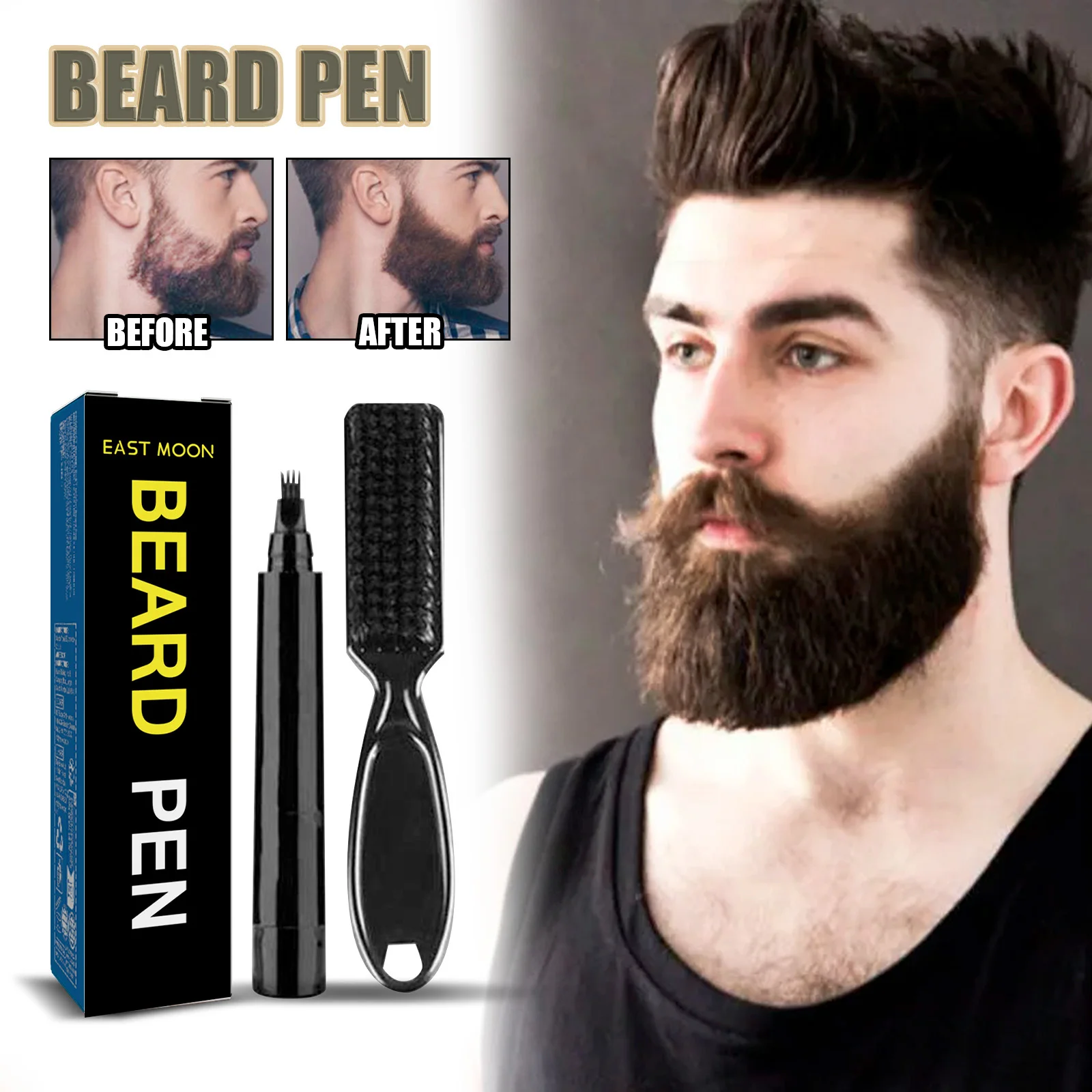 Beard Filler Pen Kit Waterproof Four Prong Beard Filler Pencil With Beard Brush Male Moustache Repair Shaping Coloring Pen image 2