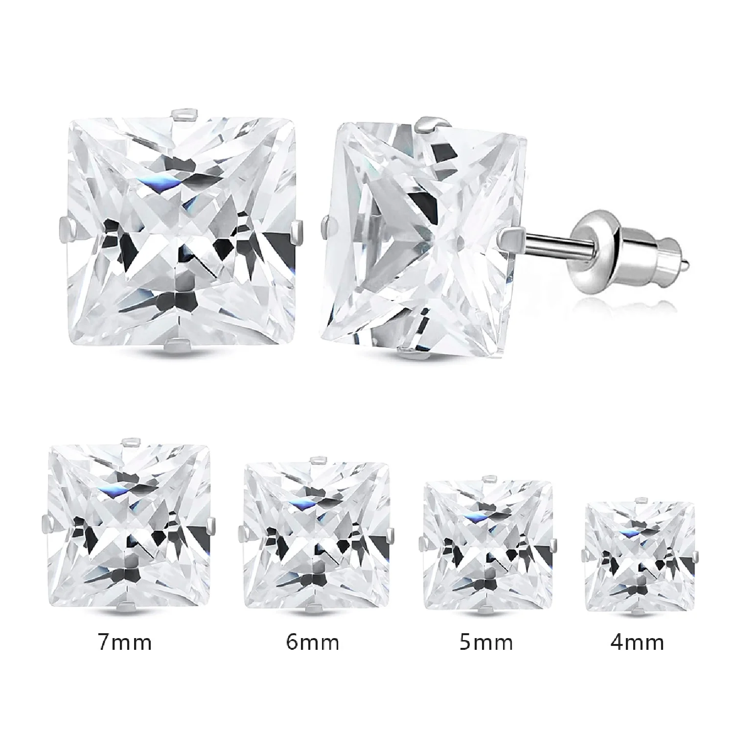 2PCS  Stylish Stainless Steel 4 Claw Square Cubic Zirconia Stud Earrings For Men And Women 4/5/6/7mm Zircon Stud Earrings