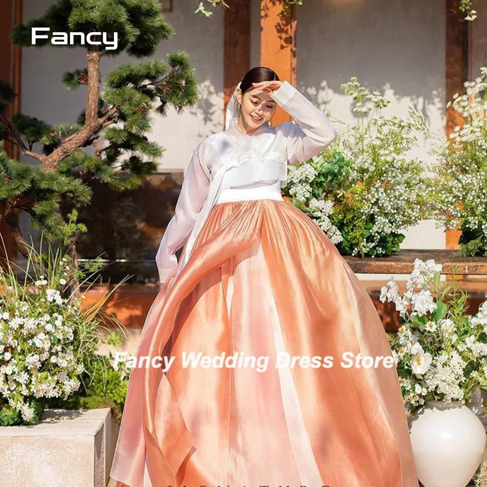 Fancy Traditionele Organza Korea Hanbok V-Hals Avondjurk Met Lange Mouwen 2 Stuks Baljurk Prom Jurk Zachte Tule Bruidsjurk