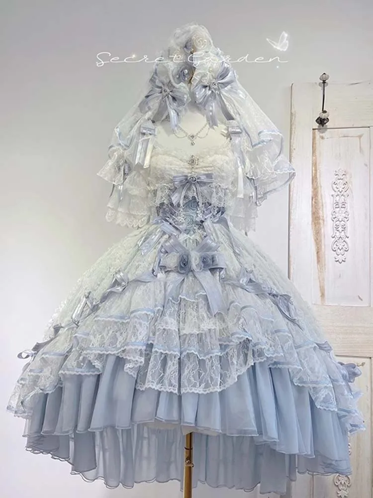 Pink Princess Style Tea Party Lolita Suspender Dress Summer Sweet Flower Wedding Elegant Dress Women's High Waist Slim Dress