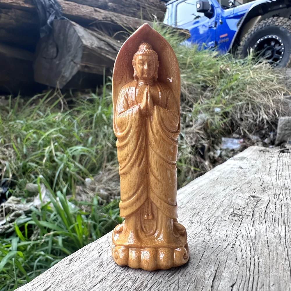 Wooden Standing Buddha Statue Ornament, Hand-Carved, Zen Style, Suitable for Home Living Room Decoration, Office, Tea Table Decoration, Bedroom Decoration, Car Interior Decoration, Housewarming Gift