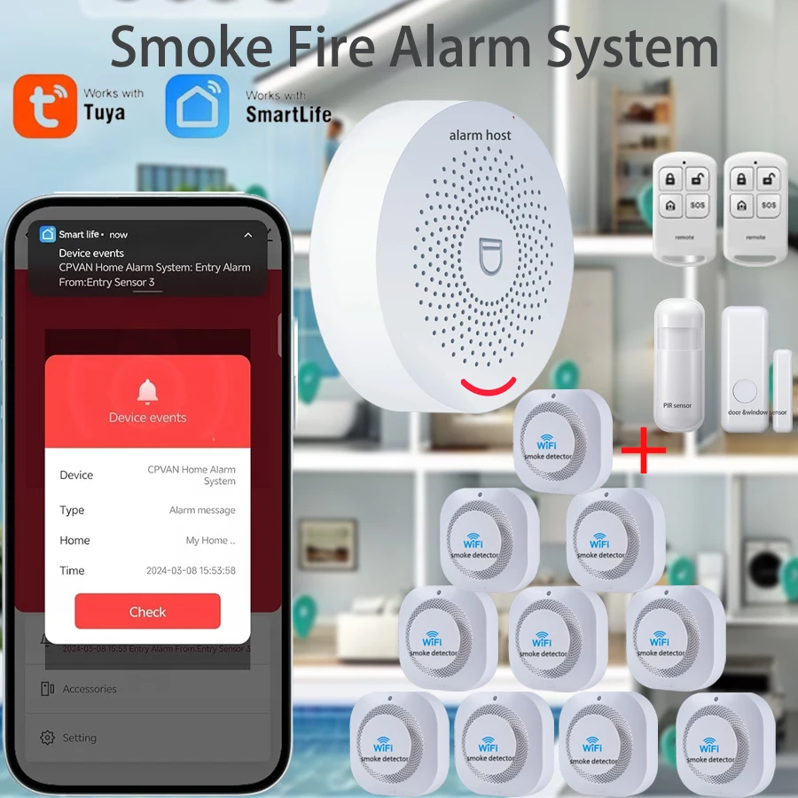 

PGST Tuya Smart Control For Comprehensive Home Wireless Home Security System Set With High Sensitivity Smoke Alarm Door Sensor