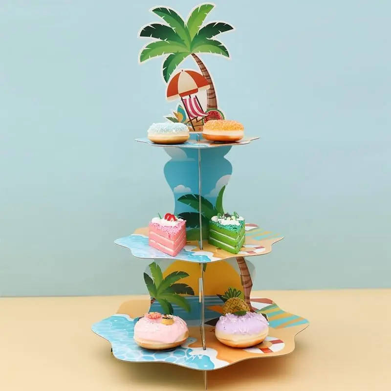 Soporte para cupcakes de playa hawaiana de 3 niveles, soporte para cupcakes con tema de Hello Summer, decoraciones, postre para cupcakes tropicales para piscina de verano
