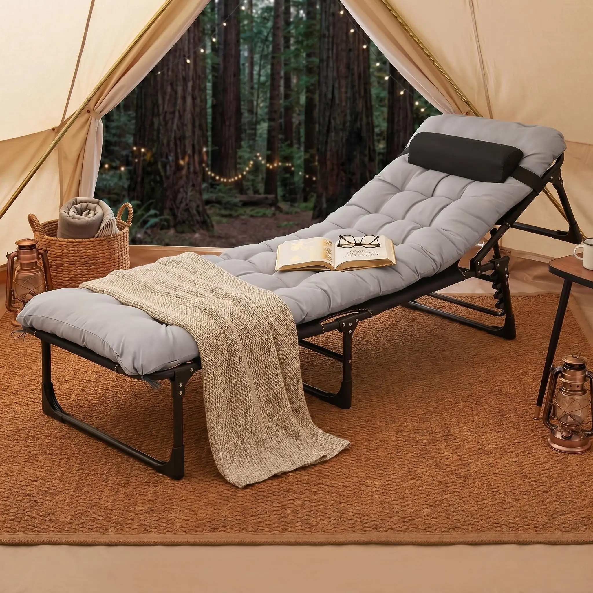 Heavy-Duty Tri-Fold Camping Cot for Adults - Wide Folding Camp Bed with Removable Mattress Pad, Pillow & Carry Bag - Double-Layer Oxford Fabric - Gray 170CM