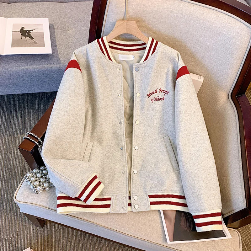 

American Letter Embroidery Women Jacket Autumn Winter Color Contrast Quilted Woolen Baseball Uniform 2025 New Thick Coat