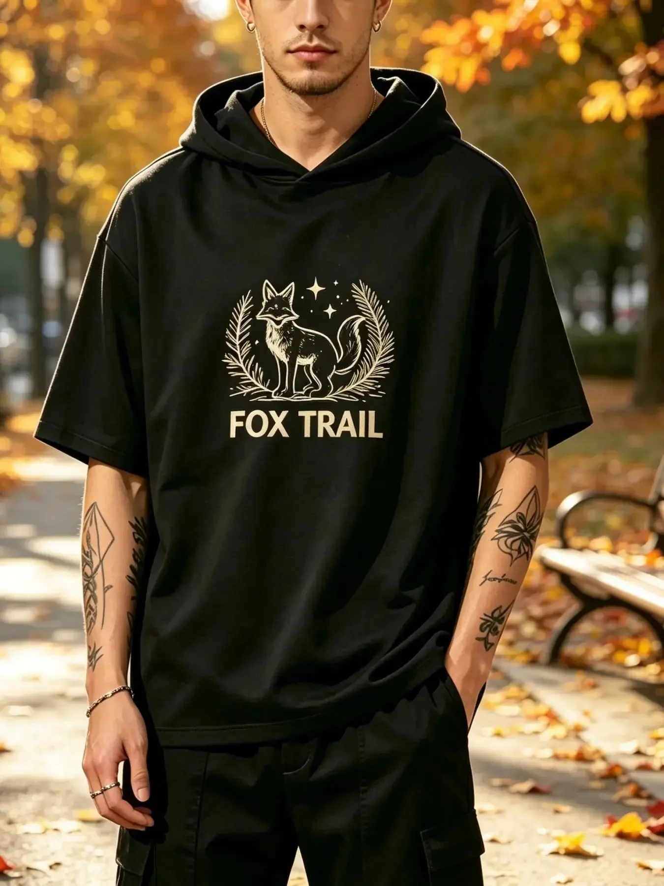 Men's Fox Trail Graphic Short Sleeve Hoodie, Vintage Forest Fox Print Loose Casual Hooded T-Shirt Streetwear