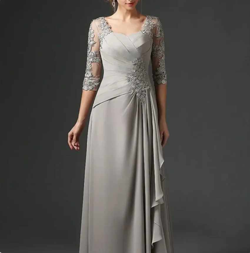 فساتين أم العريس طويلة أنيقة بأكمام 3/4 من الشيفون والدانتيل مقاس كبير فساتين أم العريس باللون الفضي لحفلات الزفاف
