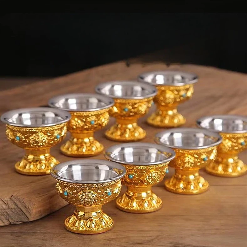 Cz alloy eight auspicious tall water supply cup stainless steel liner eight supply cup buddhist utensils and supplies