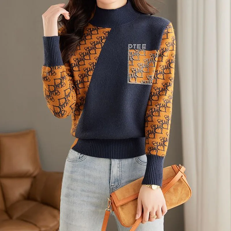 Fashion Elegant Half High Collar Patchwork Sweaters Female Autumn Winter Korean Commute Diamonds Knitted Tops Women\'s Clothing