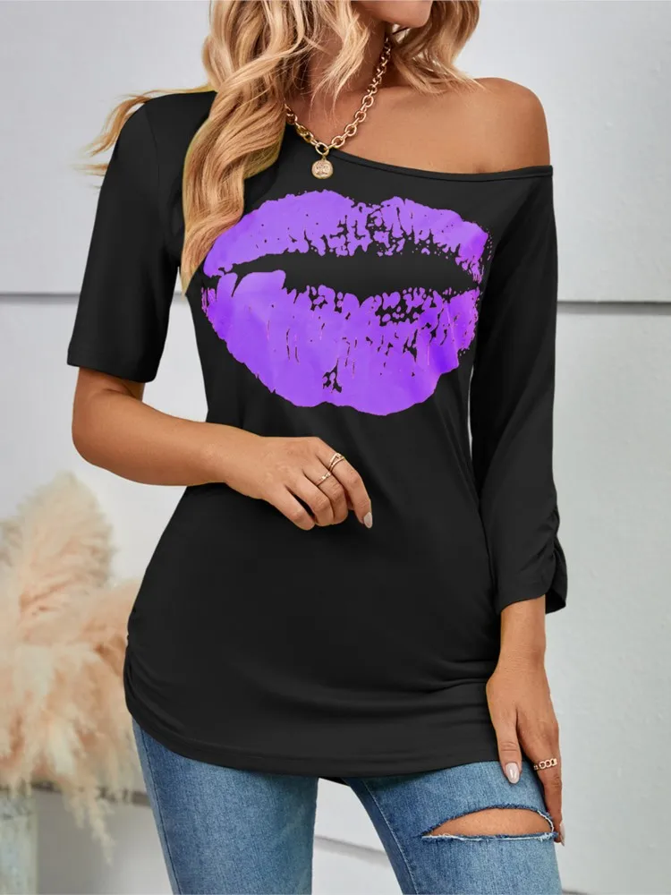 Casual Lips Print Short Sleeve T-Shirt Women\'s Off Shoulder Fashion Slim Top Summer Elegant Office Tops T Shirt Tshirts New