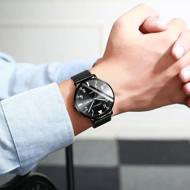 Top Brand Men Sports Quartz Watches New Blue Dial Design Stainless Steel Daily Waterproof Luminous Hands Luxury Reloj Hombre