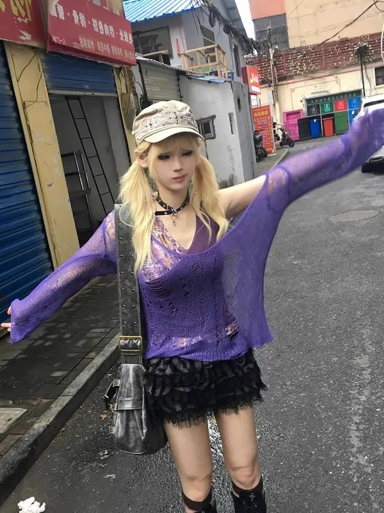

Sexy Streetwear Y2K Irregular Hollow Knitted Top Summer Desert Sle Millennium Hot Girl Cover up Faionable Women's Set