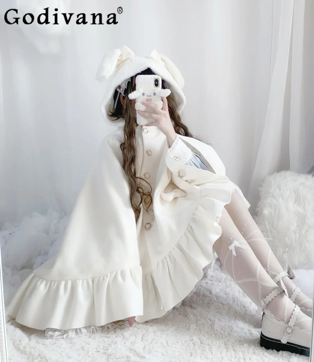 

Original Japanese Style Lolita Capes Sweet Cute Bow Ruffle Edge Loose White Ponchos Thickened and Velvet Warm Hooded Cloak Women