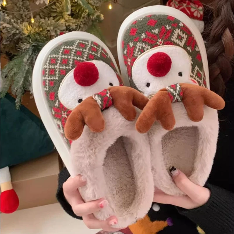 

Christmas Deer Warm Fluffy Slippers For Women Winter House Shoes Cute Cartoon Style Anti-slip Female Home Floor Party Slides