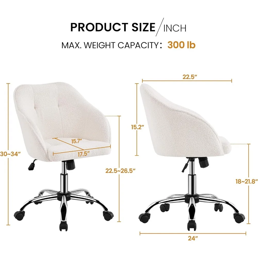 Modern Boucle Desk Chair, Vaidade Maquiagem com ângulo de inclinação ajustável, Cadeira giratória do escritório, Poltrona estofada, Estudo Cadeira, Marfim Cor