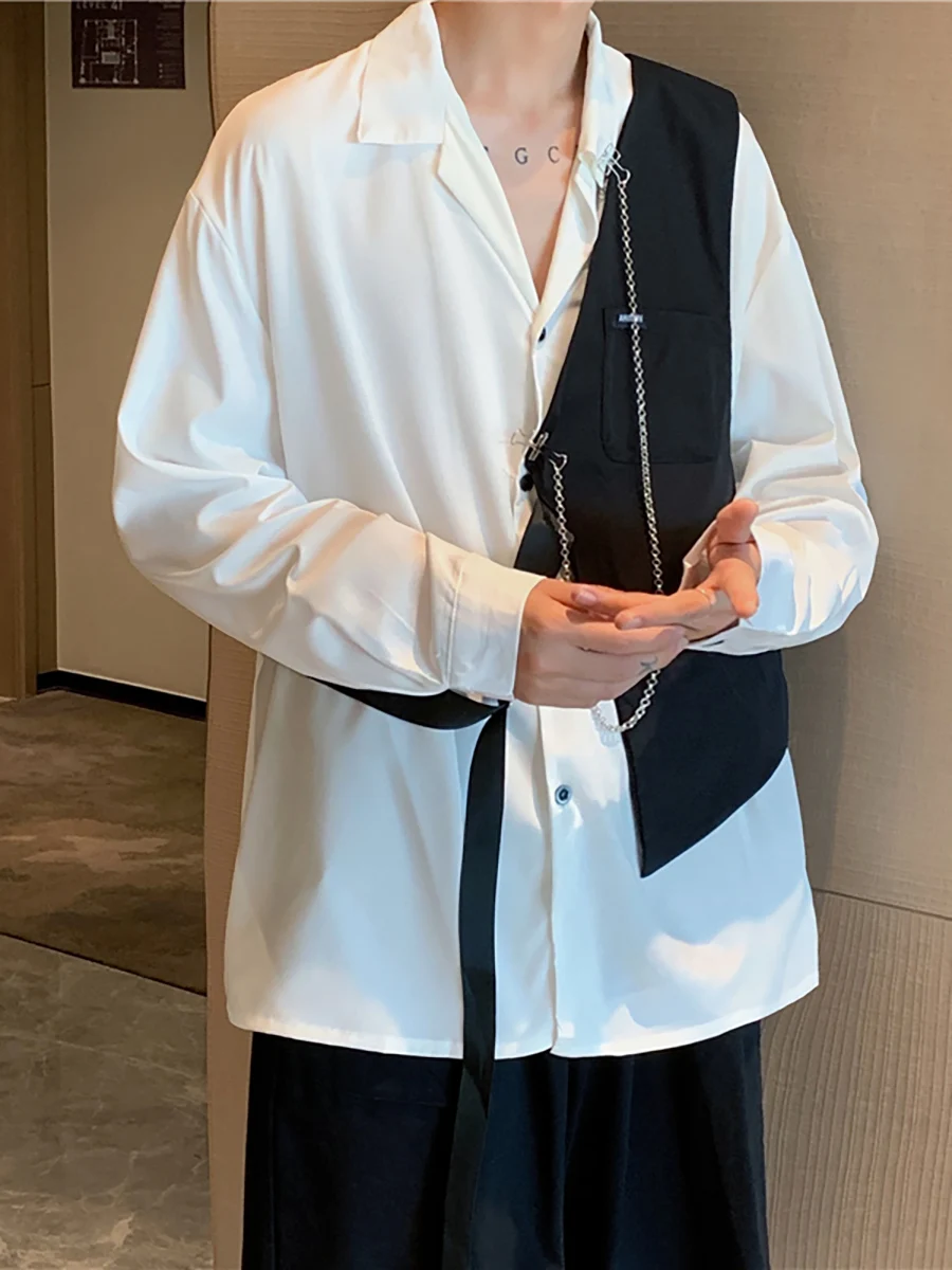 2025 Spring and Autumn New Men's High-End Design Vest Patchwork White and Black Thin Long-Sleeve Necklace Casual Shirt