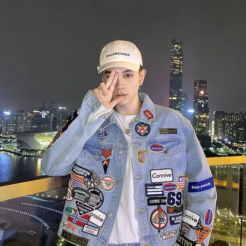 

American Retro Spring Autumn New Designer Badge Label Denim Jacket Unisex European and American Street Jackets Harajuku Clothes